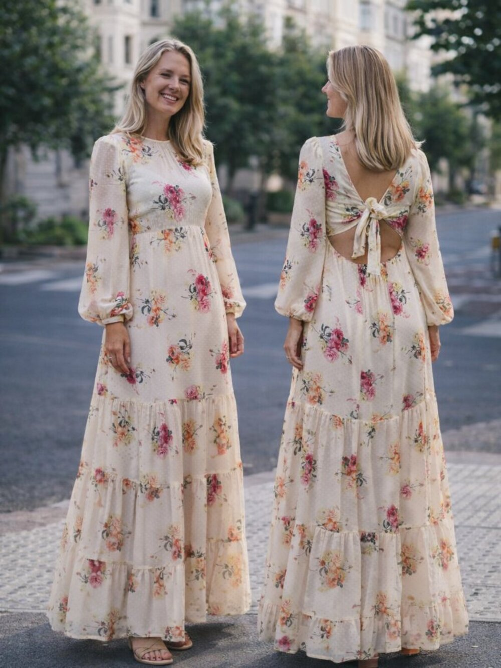 byTiMo Floral Maxi Dress Open Back Long Sleeve